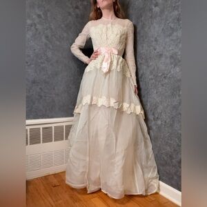 Vintage 1970s Prairie Wedding Dress – Lace, Sheer Sleeves & Pink Ribbon